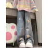 Jeans Bordado com Urso Azul Feminino 2025 Novo Outono e Inverno Retrô Slim Solto Perna Reta Cintura Alta Calças de Perna Reta