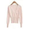 T391-26 Otoño Estilo Coreano Puro Deseo Ajustado Cuello en V Encaje Tejido Manga Larga Suéter de Punto Cárdigan para Mujer