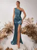 Vestido de festa de noite, sexy, com pregas, elegante, moda europeia e americana, de alta qualidade, de um ombro só, estilo deusa, justo ao corpo, com fenda