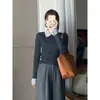 Suéter de punto negro sintético de dos piezas OEM para mujer, nuevo estilo corto ajustado de otoño e invierno 2026 con cuello tipo polo y mangas largas
