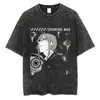 Camiseta Vintage Lavada do Anime Chainsaw Man com Gola de Marinheiro e Padrão Listrado, Camiseta Unissex Respirável e Confortável, Fabricada na China
