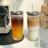 Vaso de vidrio de gran capacidad, taza gigante con asa, tapa y popote para uso en la oficina, vaso para café y agua para niñas