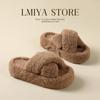 Zapatos Peludos de Suela Gruesa de 5 cm para Mujer, Pantuflas Cruzadas Antideslizantes de Moda, Pantuflas Peludas para Uso en Casa en Invierno, Pantuflas de Algodón para el Hogar