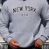 Moletom Casual Masculino com Estampa de Letras de Nova York, Moletom com Capuz e Cordão da Moda, Pulôver de Manga Longa Totalmente Combinando