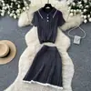 Conjunto de Dos Piezas de Punto con Cuello Polo Estilo Universitario para Mujer, Conjunto de Top Elegante de Manga Corta Adelgazante Estilo Ropa de Trabajo de Verano