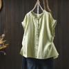Camisa de Algodão Puro com Gola Verde de Manga Curta para Mulheres, Novo Estilo Fino de Verão 2026, Blusa Casual Solta que Reduz a Idade com Manga Flare