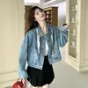 Moda Casual Adelgazante Simple de Otoño 2026 Chaqueta Vaquera Lavada Vintage con Cuello Solapa y Bufanda
