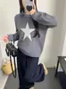 Suéter Pulôver Tricotado Jacquard Contrastante Falso Duas Peças 2025 para Mulheres Top Suéter Tricotado Splicing Jeans Coreano