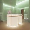 Gabinete de exposição de produtos para cuidados com a pele, design de salão de exposição de beleza, estande iluminado luminoso curvo, recipiente de cosméticos, experiência de maquiagem