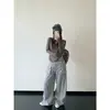Pantalones Cargo de Pierna Ancha con Bloques de Color Lavado Retro Americano para Mujer Otoño Retro Cordón Holgados Versátiles Casuales