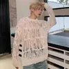 Suéter Pulôver Único com Recortes de Designer para Homens, Tendência Estilo Ins Solto Casual Malha Rasgada