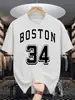 Boston 34 Estampa de Letras Artísticas Camiseta Vintage Masculina Casual Solta Moda Algodão Verão Unissex