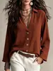 Top de estilo perezoso para mujer, sensación relajada, cárdigan de color rojo ladrillo con cuello en V, tela plisada drapeada, camisa de manga larga fuente