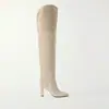 Botas de Salto Alto Bico Fino em Camurça Damasco 2023 Novas Elásticas Slim Acima do Joelho Salto Grosso Botas Altas