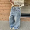 Jeans de pierna ancha para mujer color Naranja Juvenil con diseño de lavado de orejas de gato, corte holgado, adelgazantes, modernos y versátiles pantalones de pierna curva
