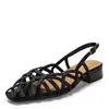 Sandálias femininas vintage estilo francês, trançadas, vazadas, com tira fina e bico fechado, sapatos romanos da moda com salto baixo grosso e tira no tornozelo LL962-1