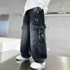 Calça Jeans Denim Workwear Moda Outono 2026 para Meninos Crianças Médias e Grandes Casual Solta Longa Bonita Tendência