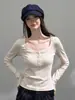 Camiseta de manga larga con cuello tipo Henry para mujer, primavera y otoño, corte slim de espiga, bordada, realza los hombros, top interior adelgazante