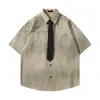 Camisa de Manga Corta Rayada Tie-Dye Desgastada para Hombre, Marca de Verano de Moda, Elegante y Versátil, con Bolsillos Bordados y Cuello de Solapa