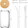 Taza de Vidrio Mason de Alto Borosilicato para Refresco tipo Cola con Popote, Taza para Jugo con Tapa de Madera, Taza Resistente a Altas Temperaturas Regalo Festivo