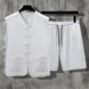 Conjunto de verano de algodón y lino para hombres de mediana edad y mayores, conjunto de chaleco, pantalones cortos casuales retro de estilo chino, conjunto de dos piezas de algodón y lino
