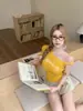 8745 # Nuevo estilo de verano para chica popular, top corto de manga corta con estampado de letras, hombros descubiertos, retazos para mujer, corte ajustado con almohadillas fijas en el pecho
