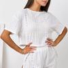 Pijama de Verano Transfronterizo Estilo Europeo y Americano para Mujer Cómodo Suelto Color Sólido Calado de Dos Piezas Ropa para el Hogar de Manga Corta y Pantalón Corto