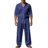 Estilo Europeu e Americano Em Estoque Quatro Estações Linho Masculino Casual Solto Respirável Camisa de Manga Longa e Calça Comprida Conjunto de Praia Direto da Fábrica