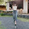 Falda de Mezclilla Retro de Cintura Alta con Abertura para Mujer Primavera y Verano 2025 Look Adelgazante Falda de Línea A de Longitud Media que Cubre los Glúteos Pequeños