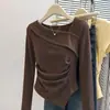 Camiseta longa irregular com design para mulheres, novo estilo Primavera/Outono 2026, acinturada, modeladora, cor sólida, top base plissado