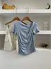 Camiseta de Verano 2026 para Mujer, Cuello Asimétrico, Manga Corta, Suave y Versátil, Corte Ajustado, Top Corto, Color Sólido, Sencillo y Elegante