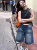 Jeans de Cinco Puntos Azul Oscuro de Talla Grande Europeos y Americanos para Mujer Verano 2025 Ajustados Sueltos Casuales de Pierna Ancha Rectos