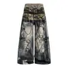 Jeans largo de perna reta retrô com estampa digital em corrente Y2K, estilo high street americano, para homens e mulheres, calça moderna solta