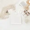 Verano Nuevo Estilo Bebé Ins Versátil Estilo Coreano Cuello con Volantes Manga Acampanada Top Camisa de Muñeca Camiseta de Color Sólido de Canalé Manga Corta Nuevo