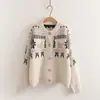 Coleção Outono 2026: Cardigã casual de tricô jacquard estilo japonês, com blocos de cor, jaqueta suéter afunilada, atacado