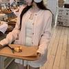 Cardigan Suéter Acolchoado com Design Fresco e Simples para Mulheres, Cardigan Tricotado de Cor Blocada Cinza de Comprimento Médio para Primavera e Outono