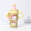 Taza aislante de gato KT con estampado de leopardo, de alta calidad y elegante, diseño de dibujos animados, portátil con asa, resistente al hielo, con pajilla, vaso de agua para escritorio, venta al por mayor