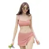 Traje de Baño Sexy de Colores Caramelo para Baños Termales para Mujer, Bikini de Tres Piezas sin Tirantes Estilo Coreano, Estilo Chica Caliente de Vacaciones 2024