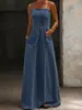 Nuevo vestido transfronterizo: Vestido de tirantes de mezclilla estilo americano desgastado con escote cuadrado, corte ajustado, extra largo hasta el suelo y dobladillo ancho
