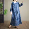Vestido Longo Estampado Estilo Artístico Novo Primavera e Outono, Gola Redonda, Tamanho Grande Feminino, Algodão Puro, Vestido Longo