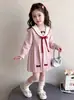 Vestido Suéter Feminino 2026 Gola Marinho Desenho Animado Bordado Laço Vestido Tricotado para Bebê Menina
