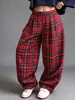 2026 Nuevos Pantalones de Pierna Ancha a Cuadros con Cintura Elástica Retro Americano Casual para Mujer Pantalones Largos de Linterna de Comercio Exterior Europeo y Americano