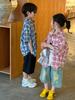 Camisa para Niños 2026 Verano Estilo Coreano Cuadros Cuello Campana Manga Corta Casual Holgada para Niños y Niñas
