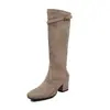Botas altas de gamuza ajustadas para mujer, nuevo estilo coreano de invierno, punta redonda con hebilla de cinturón, tacón alto grueso, botas altas hasta la rodilla para mujer