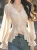 Moda Femenina Primavera/Verano 2026 Camisa Adelgazante de Manga Larga con Volantes, Top Elegante, Nueva Blusa Chic que Ceñe la Cintura