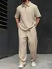 Amazon Cross-border Roupas Masculinas Terno Jacquard com Textura 3D Lapela TK Camisa Polo Cor Sólida Calça Longa Reta Conjunto de Duas Peças