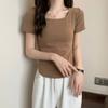 A006 # [Doble Rectificado 180g] Camiseta Blanca de Manga Corta con Hombro Derecho Cuadrado para Mujer Verano Color Sólido Hueso de la Clavícula Top Básico de Moda