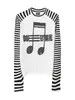 Marca Independente Estilo Ins Nova Camiseta Listrada com Estampa de Notas Musicais para Homens e Mulheres, Camiseta Casual Solta de Manga Longa Street
