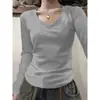 Camiseta de Manga Larga con Cuello en V, Color Sólido, Corte Ajustado, Top que Ceñe la Cintura, Estilo Americano 'Hot Girl', de Terciopelo Wubi Crab, para Mujer