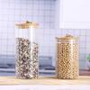 Tapa de Bambú con Pestaña de Apertura Tarro de Almacenamiento de Vidrio Borosilicatado Alto Botella de Almacenamiento de Vidrio Transparente de Rayas Verticales Tarro de Cocina para Granos Té